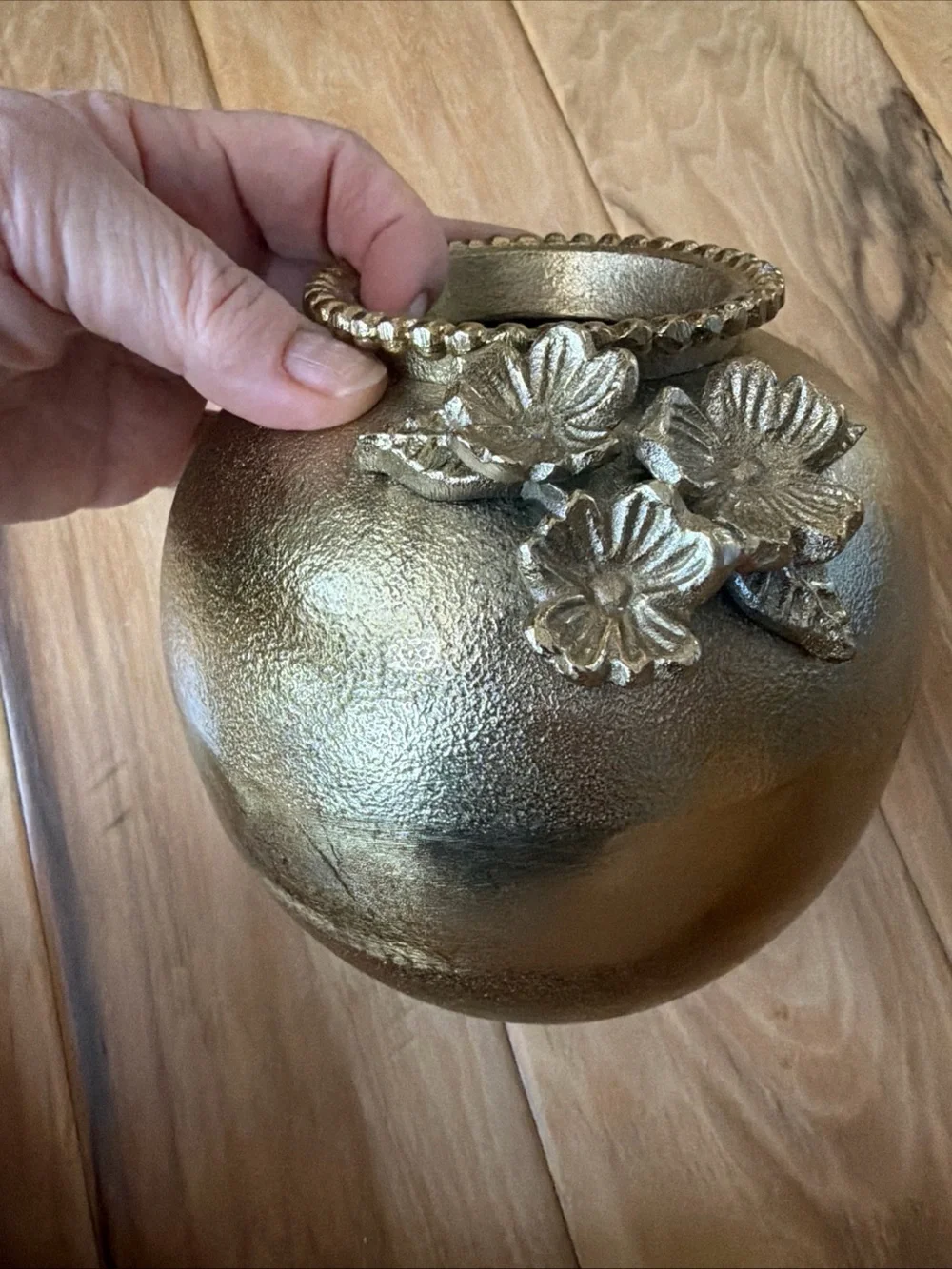 Hollywood Regency Rococo Decor Cast Metal Ornate Gold Floral Accent Vase